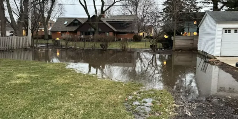 Standing water in Winnetka backyard shows landscape drainage failure needing urgent landscape drainage system repair.