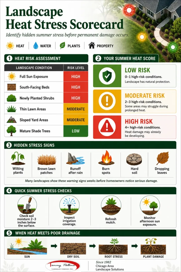 Protect your landscaping from extreme summer heat with a scorecard showing risk factors and landscape stress signs.