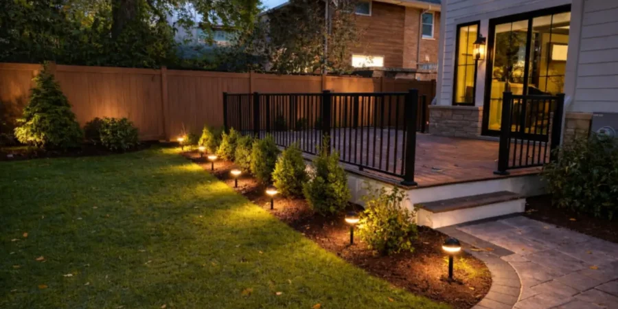 Landscape lighting ideas showing pathway lights along garden bed and deck creating safe inviting backyard space.