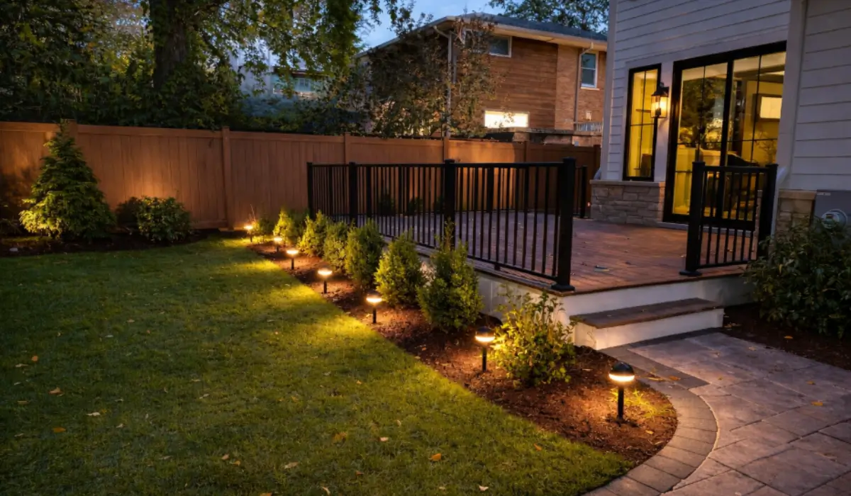 Landscape lighting ideas showing pathway lights along garden bed and deck creating safe inviting backyard space.