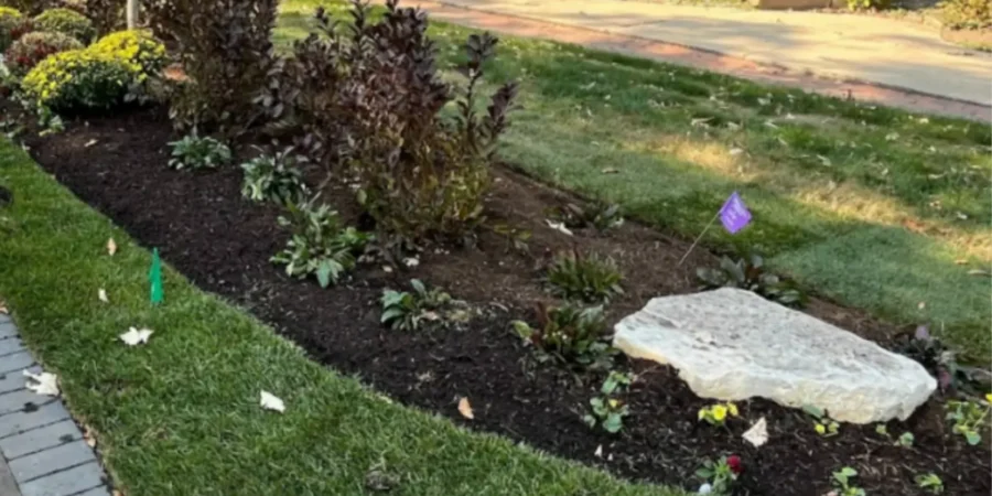 Mulching in April applied to garden bed improves soil moisture retention and prevents early weed growth.
