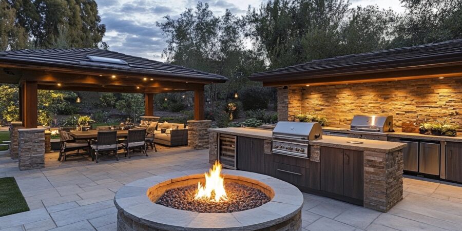 Luxurious backyard with outdoor kitchen lighting and heating, featuring a fire pit, built-in grill, and cozy seating under pergola.