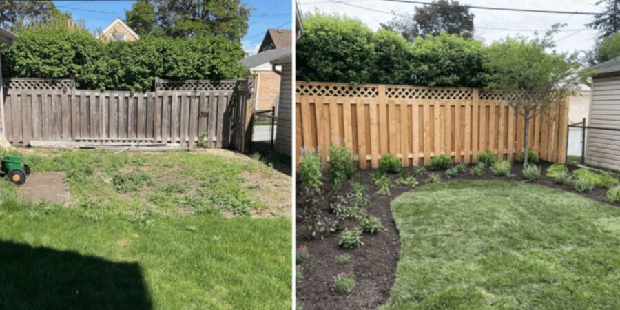 Before and after Niles landscape upgrade with Dogwood, Clethra, Magnolia, Hydrangeas, mulch, compost, and lighting