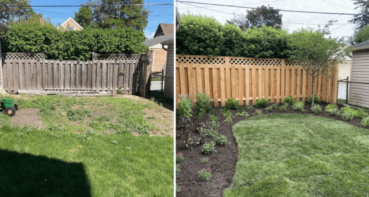 Before and after Niles landscape upgrade with Dogwood, Clethra, Magnolia, Hydrangeas, mulch, compost, and lighting