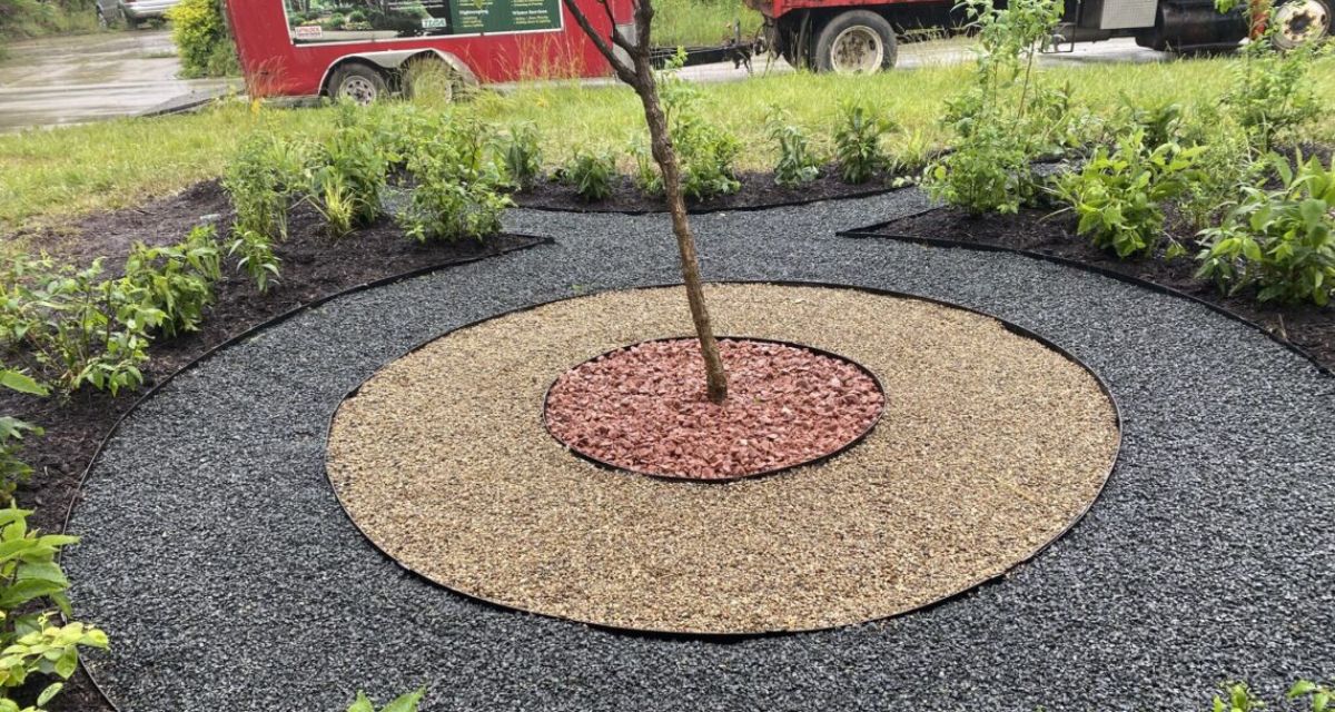 Niles backyard featuring a custom rain garden with Stone Taurus symbol, native pollinator plants, blueberries, hydrangeas, granite, and steel edging for sustainable landscaping.