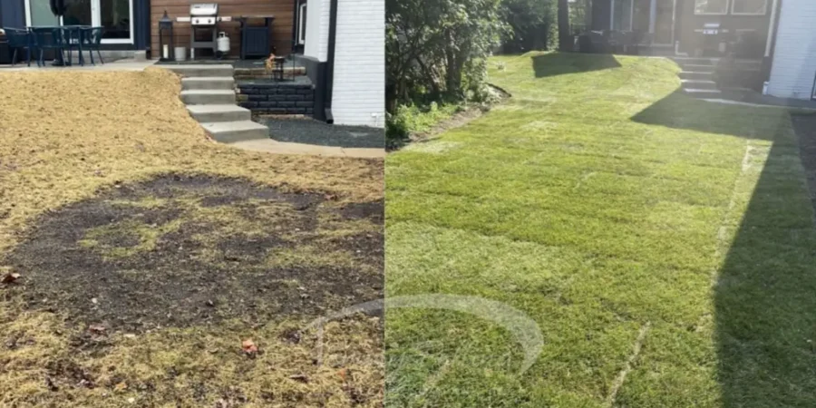 Off-Season Landscaping before and after lawn showing winter preparation leading to healthy spring turf growth.