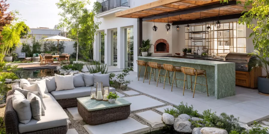 Outdoor kitchen lighting and heating with bar seating, pergola, lounge area, and warm outdoor ambiance in fall.