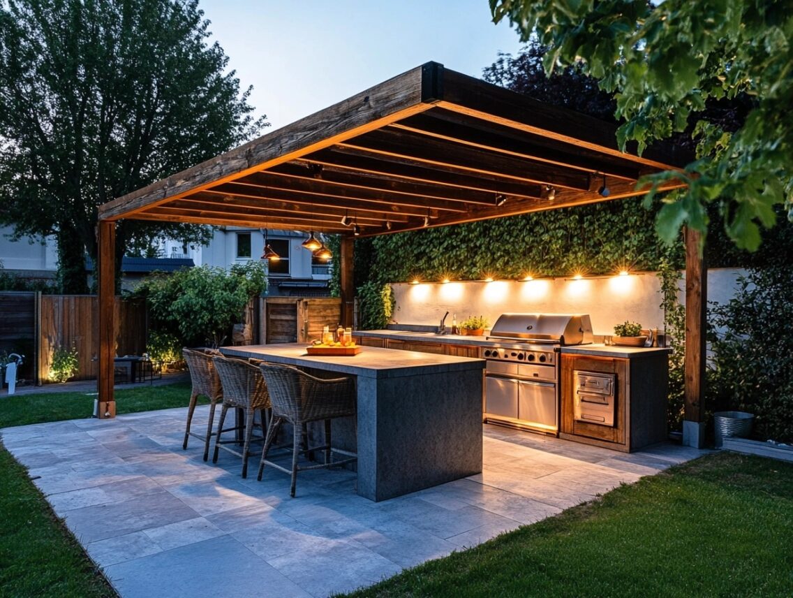 Luxury outdoor kitchen with modern grill, bar seating, and pergola lighting for entertaining and dining outdoors.