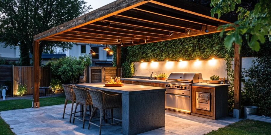 Outdoor Kitchen Under a Pergola with Ambient Lighting