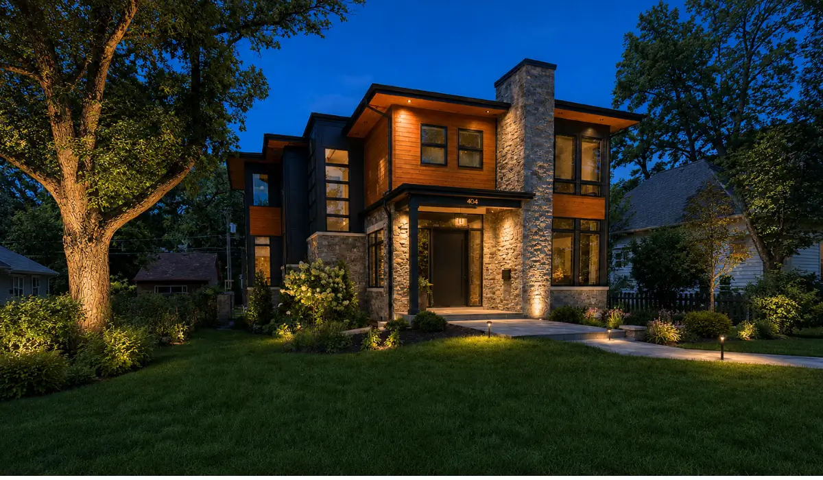 Outdoor lighting illuminates a residential walkway, entrance, mature tree, and landscaping around a home after sunset.