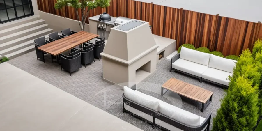 Outdoor Living Trends shown in backyard with paver patio, outdoor kitchen, dining area, seating, and landscaping.