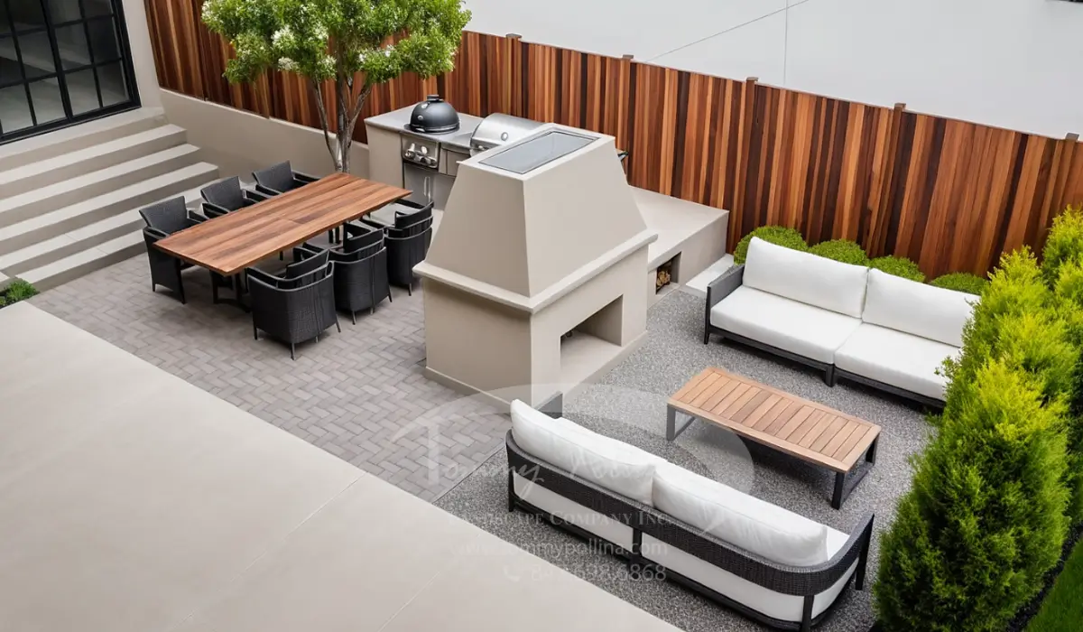 Outdoor Living Trends shown in backyard with paver patio, outdoor kitchen, dining area, seating, and landscaping.