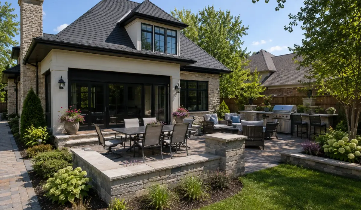 Outdoor Living Trends shown in backyard with stone patio, outdoor kitchen, dining area, lawn, and plantings.