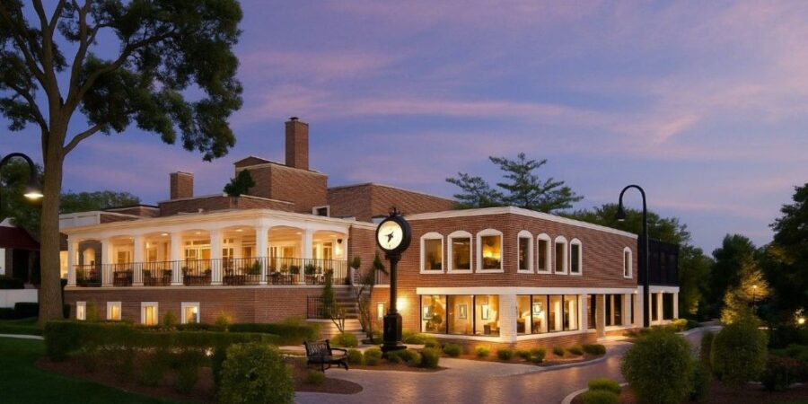 Park Ridge Country Club entrance and walkways featuring Copthorne Unilock pavers in Burnt Clay, Old Oak, and Burgundy Red, installed for durability and historic charm.
