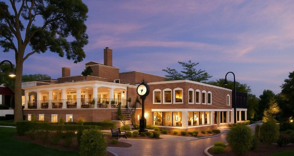 Park Ridge Country Club entrance and walkways featuring Copthorne Unilock pavers in Burnt Clay, Old Oak, and Burgundy Red, installed for durability and historic charm.