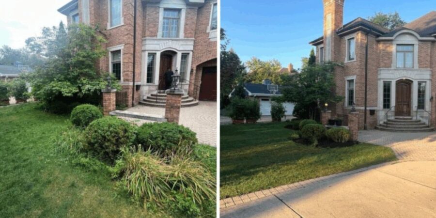 Park Ridge front yard with hedge shaping, bed refresh, and mulch installation