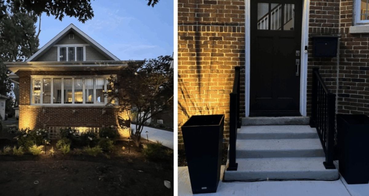 Park Ridge front yard makeover with grading, turf, plantings, lighting, and Unilock steppers for a clean outdoor look.