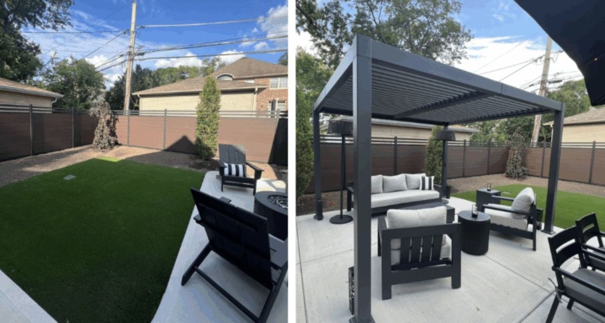 Park Ridge front yard makeover with grading, turf, plantings, lighting, and Unilock steppers for a clean outdoor look.