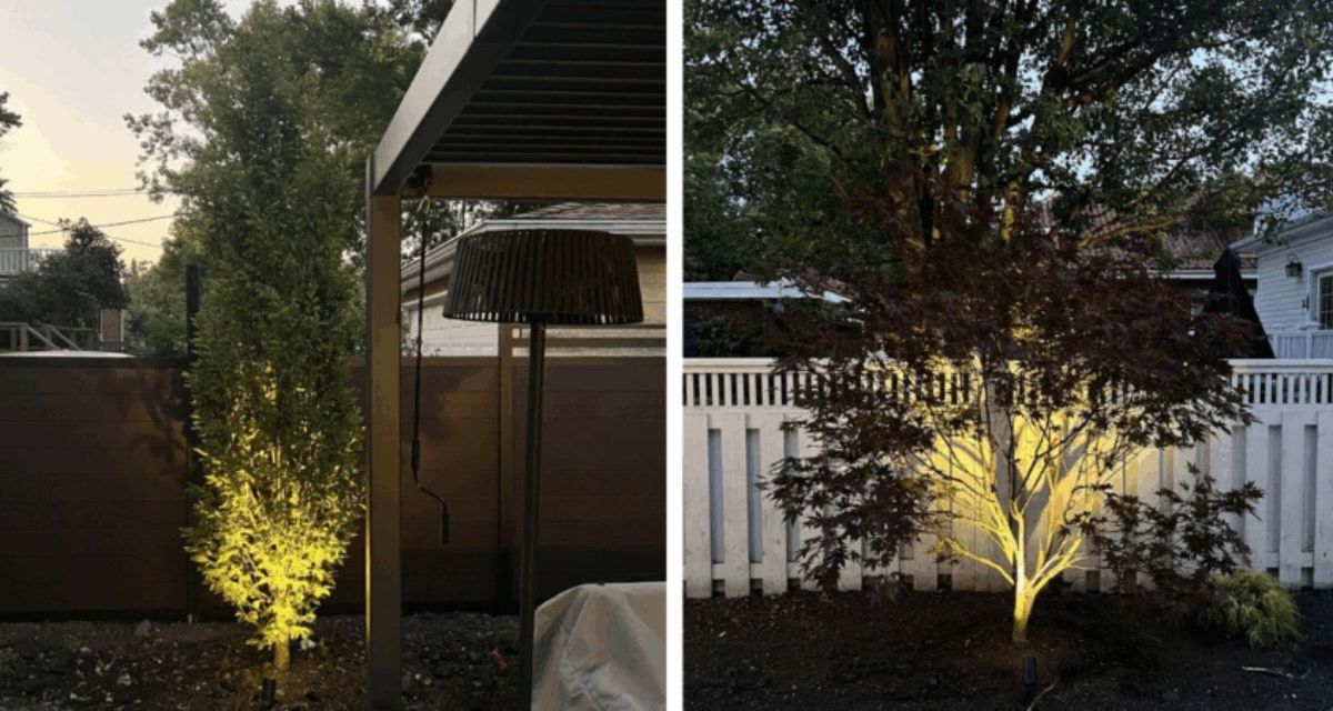 Park Ridge front yard makeover with grading, turf, plantings, lighting, and Unilock steppers for a clean outdoor look.