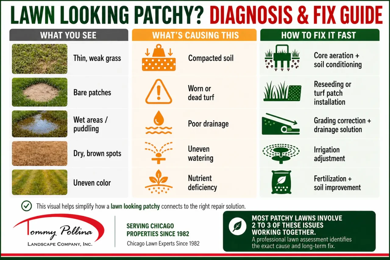 Chart showing lawn problems, causes, and fixes for a lawn looking patchy including soil, turf, and drainage issues.