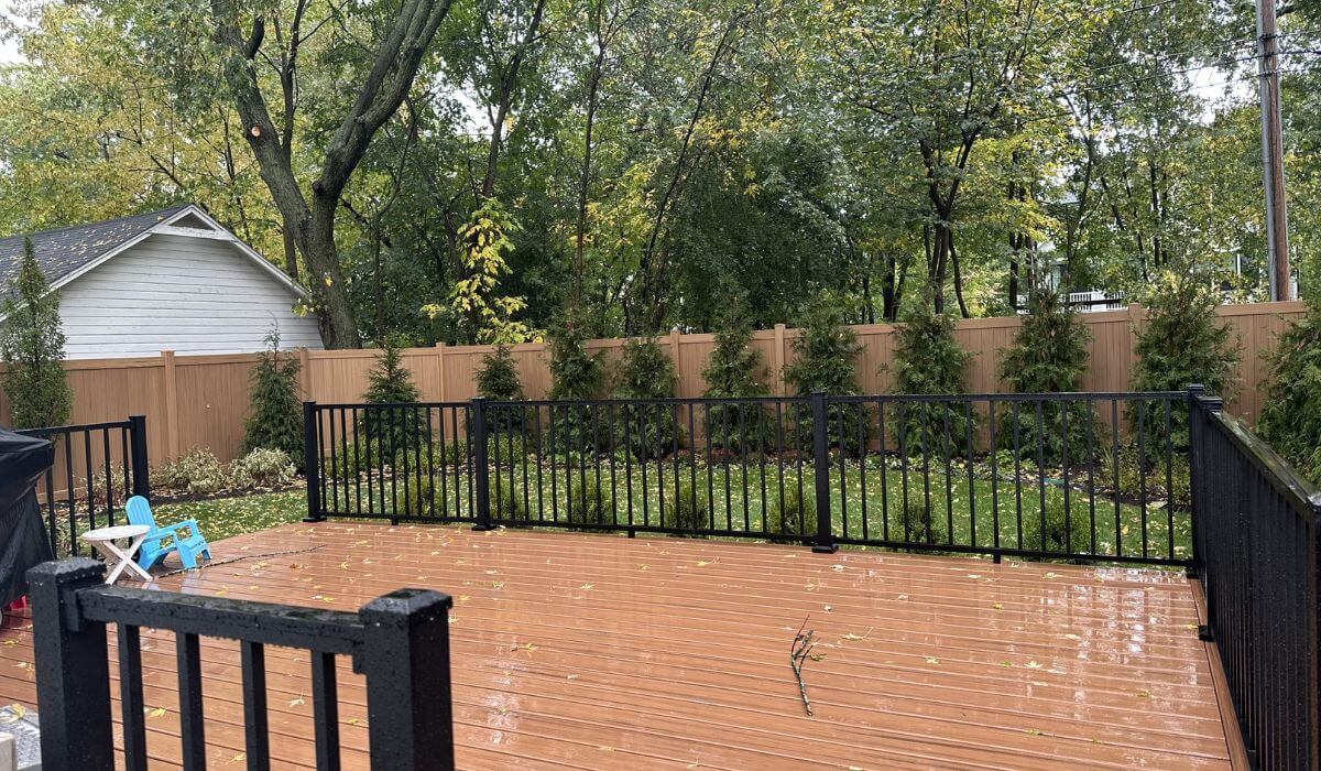 Backyard privacy created with evergreen shrubs and a wooden fence — a landscape privacy solution by Tommy Pollina Landscaping.