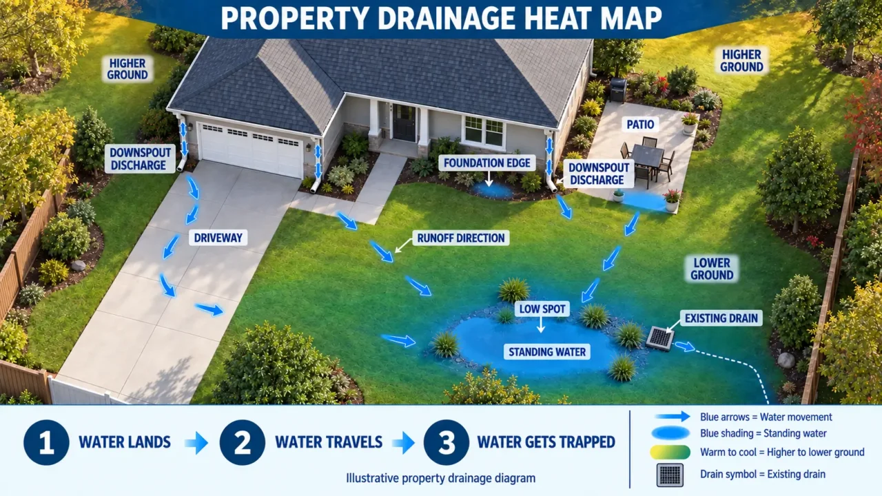 Drainage problems diagram showing downspout runoff moving across sloped ground toward low areas and standing water.