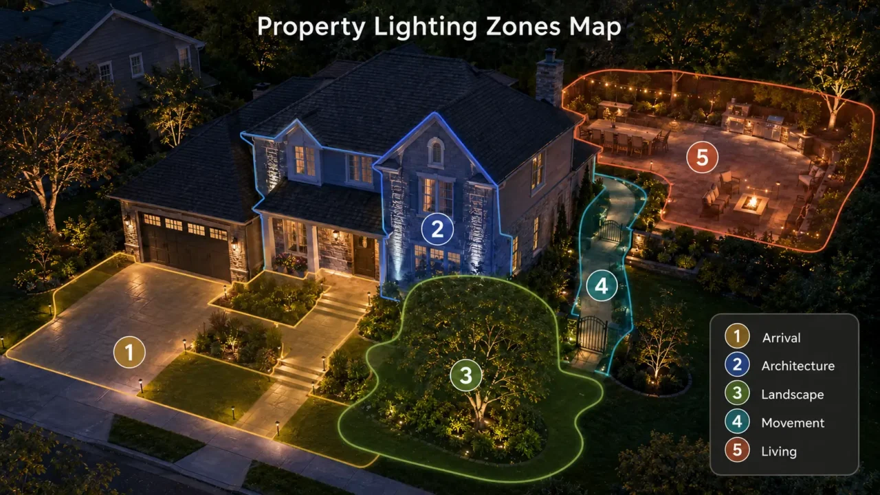Outdoor lighting zones showing arrival, architecture, landscape, movement, and living areas across a residential property after sunset.