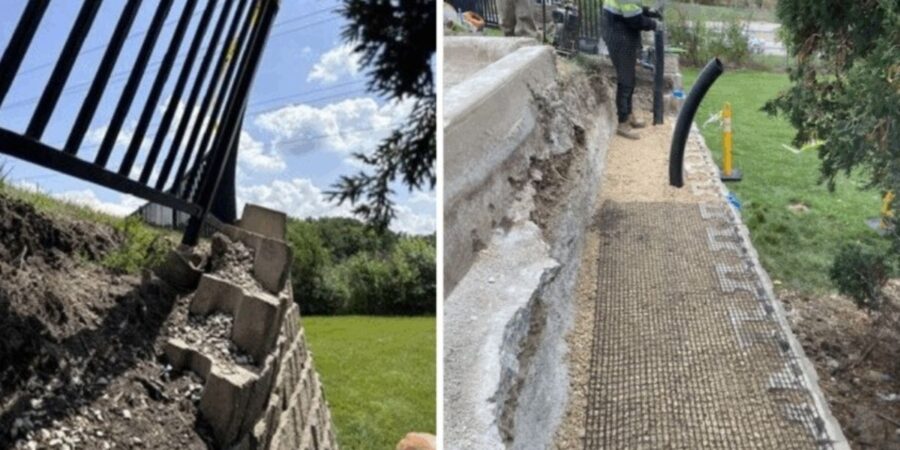 Before-and-after view of Rolling Meadows retaining wall showing collapsed wall replaced with engineered drainage system