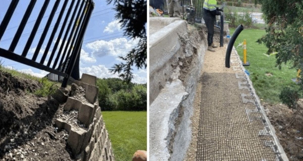 Before-and-after view of Rolling Meadows retaining wall showing collapsed wall replaced with engineered drainage system