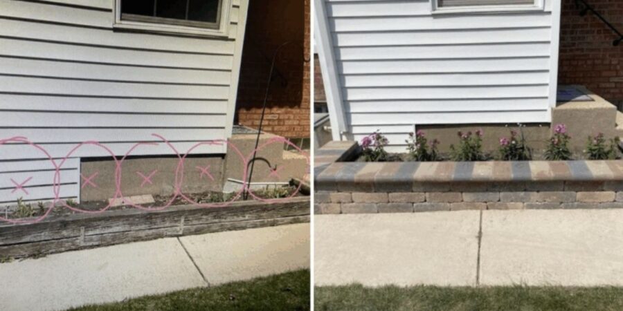 Before and after Skokie retaining wall replacement, upgrading old wood to Unilock stone