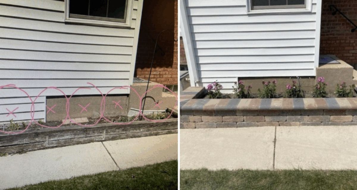 Before and after Skokie retaining wall replacement, upgrading old wood to Unilock stone