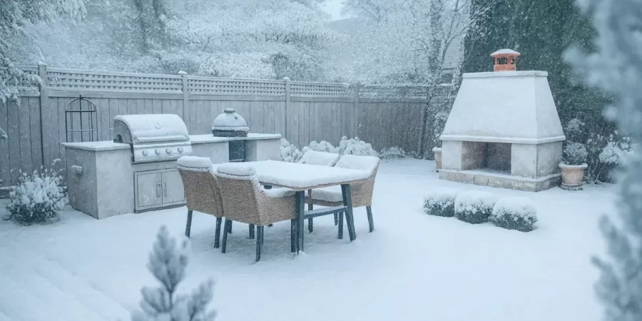 Outdoor kitchen buried in heavy snow, showing winter damage risks to grills, surfaces, and outdoor structures.
