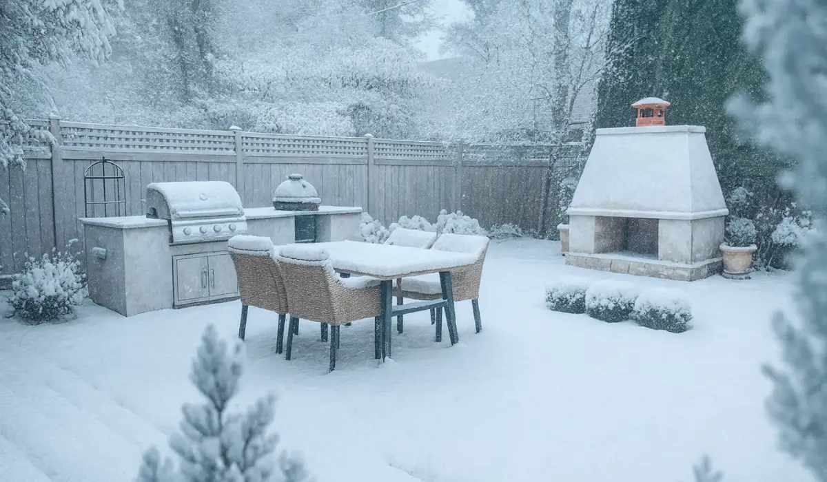 Outdoor kitchen buried in heavy snow, showing winter damage risks to grills, surfaces, and outdoor structures.