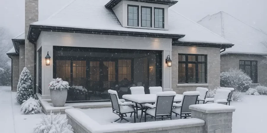 Snow-covered patio furniture and paver seating wall showing early signs of winter hardscape maintenance needs