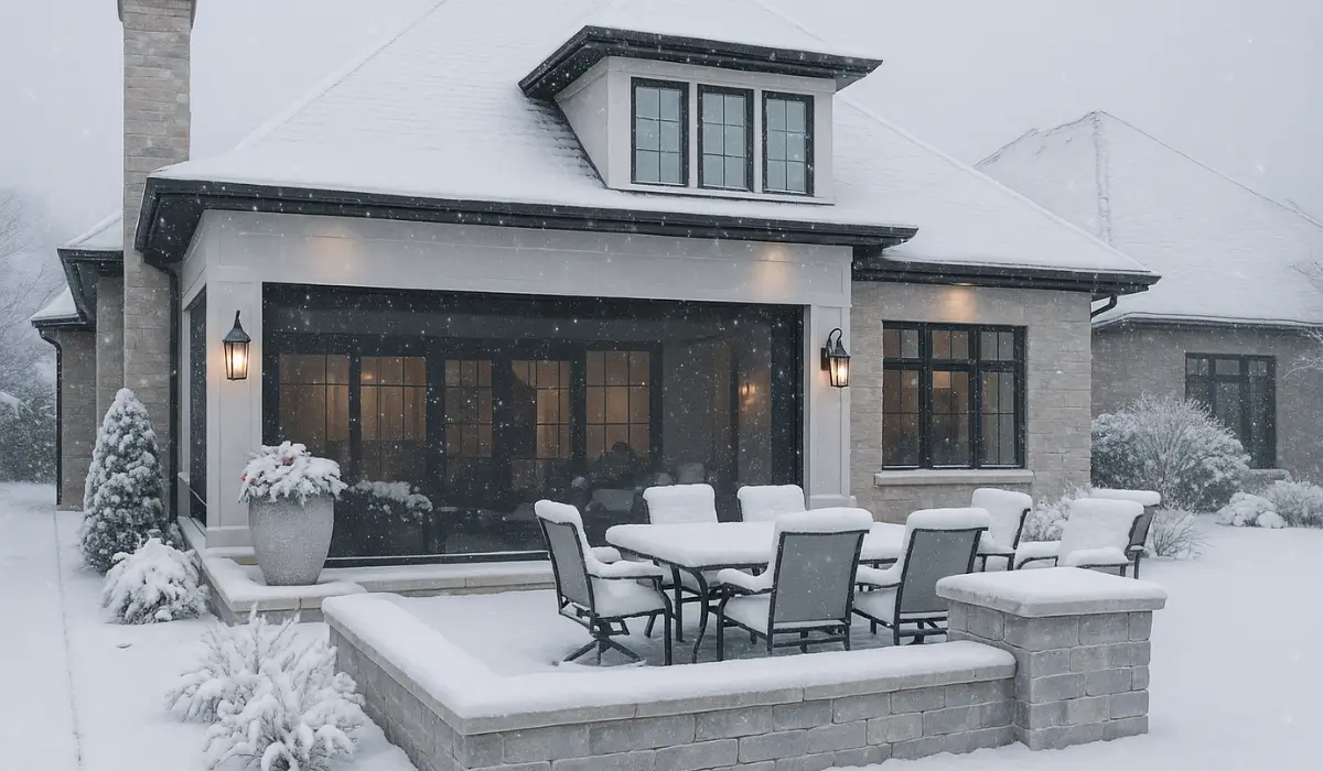 Snow-covered patio furniture and paver seating wall showing early signs of winter hardscape maintenance needs