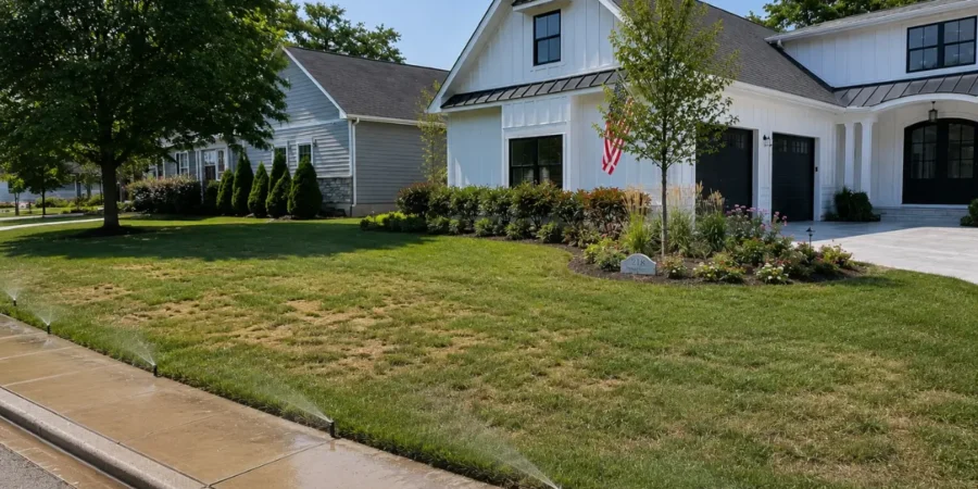 Sprinklers Wasting Water causing uneven lawn coverage beside residential sidewalk with visible irrigation overspray patterns.