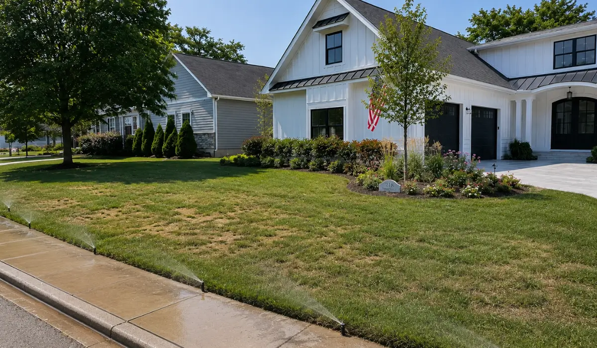 Sprinklers Wasting Water causing uneven lawn coverage beside residential sidewalk with visible irrigation overspray patterns.