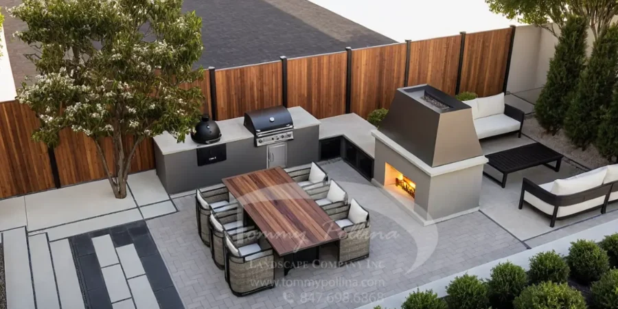 Summer Landscaping Makeover outdoor kitchen, fire feature, patio seating, and gathering space design layout.