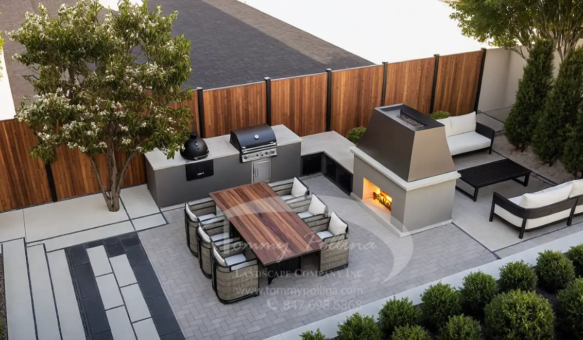 Summer Landscaping Makeover outdoor kitchen, fire feature, patio seating, and gathering space design layout.