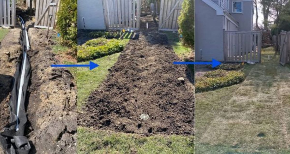 Glencoe backyard with drainage system, buried downspouts, French drains, PVC piping, and newly installed sod.