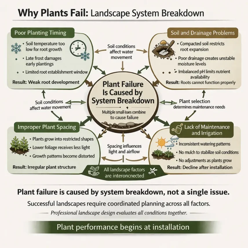 Diagram showing why spring plantings fail due to poor timing, soil and drainage problems, improper spacing, incorrect plant selection, and lack of maintenance working together as a landscape system breakdown.