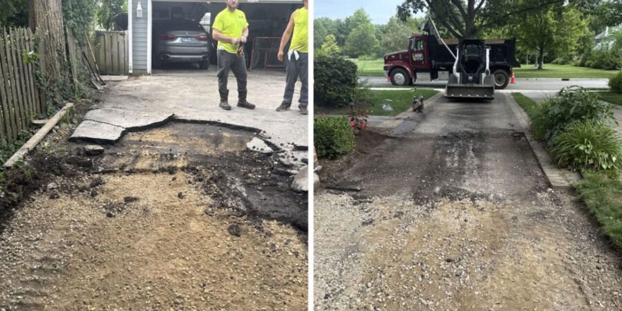 Wilmette driveway project with new gravel base, corrected drainage and rebuilt asphalt tied into Copthorne herringbone patio