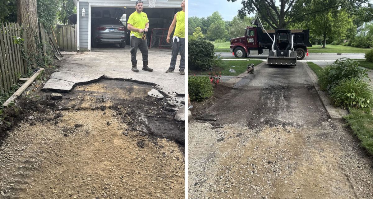 Wilmette driveway project with new gravel base, corrected drainage and rebuilt asphalt tied into Copthorne herringbone patio
