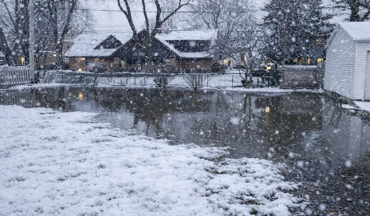 Snowy backyard with standing water after snowmelt showing winter drainage problems affecting lawn and foundation stability.
